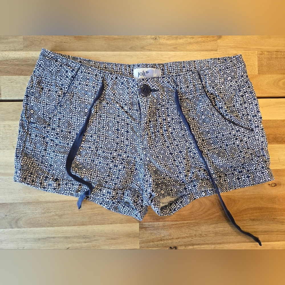 Vintage Jolie Blue and White Geographic Floral Linen Shorts Size 3 Y2K Beach